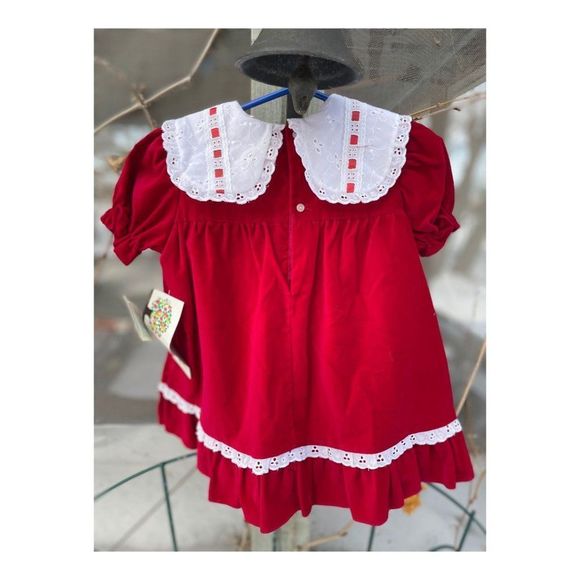 Vintage 80s Deadstock TUTTI FRUTTI Red Velvet White Eyelet Lace Dress Sz 2 - Picture 3 of 9